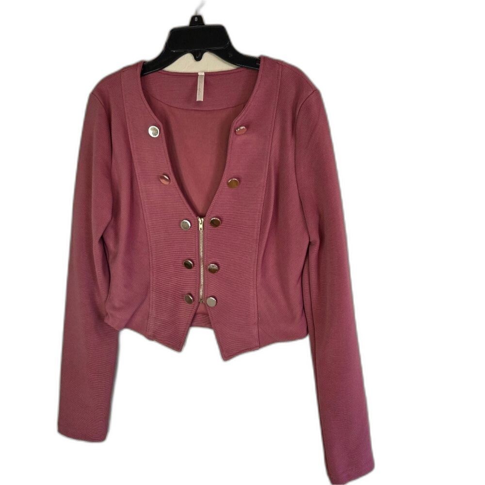 Love Nation Pink Blazer V-Neck Long Sleeve Faux Buttins Zip Front Top Sz L